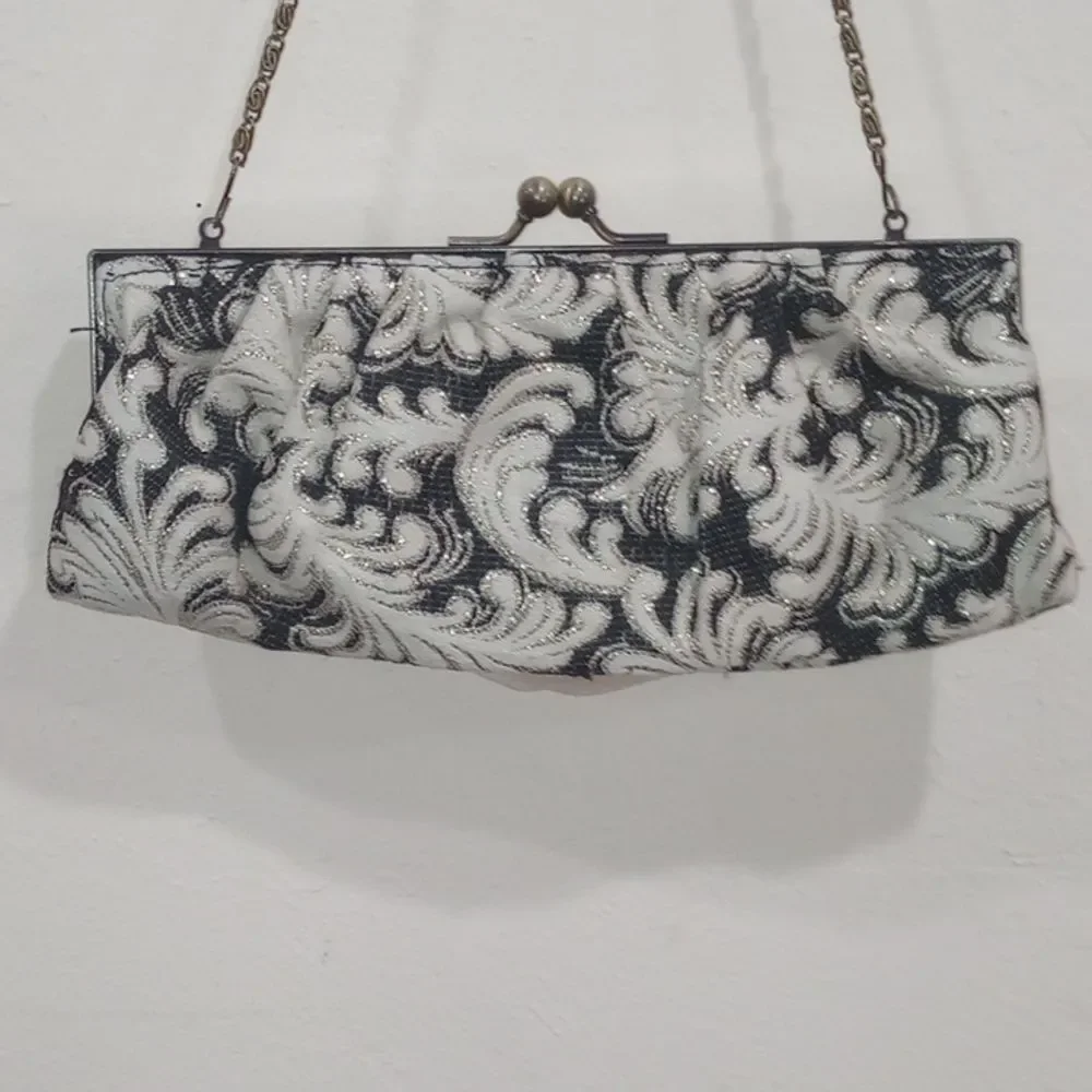 Black & Cream Brocade Evening Bag Clutch Satin Flower, Lace Netting, Chain Strap